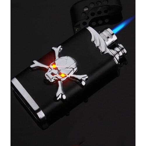 Mens Metal Windproof Gas Lighter Flat Thin Personality Creative Spray Gun Butane Torch Lighter Cigarette Lighter Blue Flame