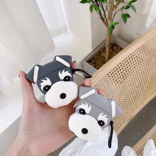3D Lovely Schnauzer Dog Earphone Silicone Soft Case for AirPods Bluetooth Headset Charging Box Protective Cover With Hook