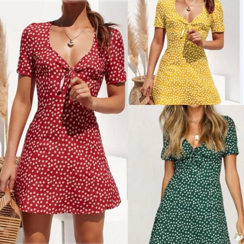 New Women Summer Casual Short Sleeve Floral Boho Dress Party Evening Beach V neck Dress Fashion Sexy Mini Dresses