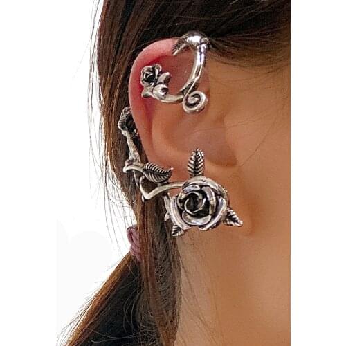 New Vintage Punk Style Silver Color Rose Flower Clip on Earring Ear Cuff Fashion Big Ear Clip Twisted jewelry