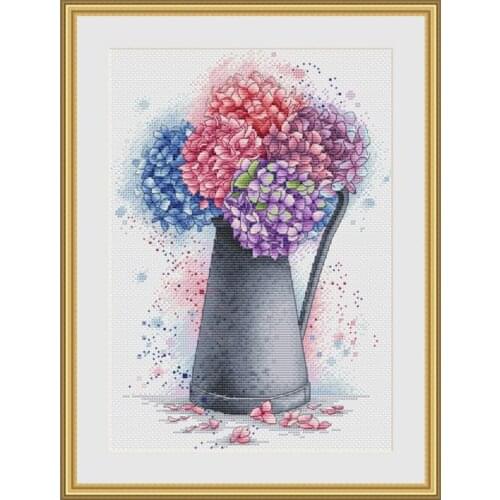 Popular Counted Cross Stitch Kit Colorful Hydrangea Bouquet water color aquarelle Red Purple Blue Flower Flowers