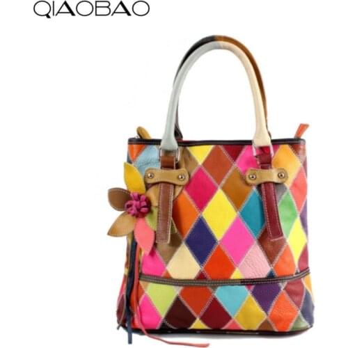 QIAOBAO 100% Genuine Leather Bag Patchwork Leather Handbags Flower Big Ladies Hand Bags Girls Soft Genuine Sheepskin Lady Totes