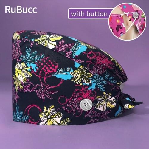 Operating Room Dental Button Hats Print Scrubs Caps Medical Hospital Dust-Proof Pet Clinic Doctor Lab Nurse Dentist Surgical Cap