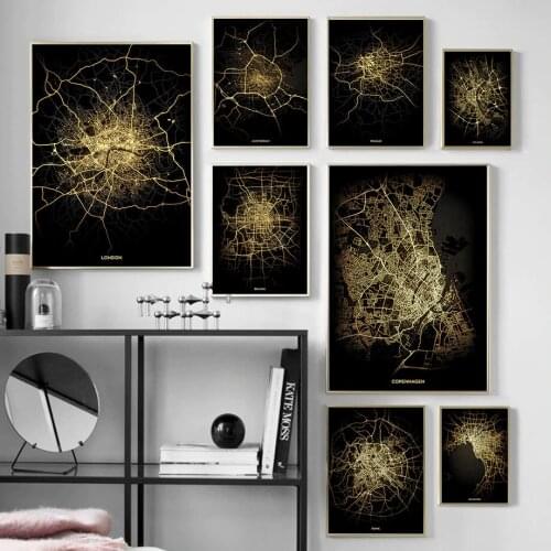 Modern City Map Wall Art Gold Black Poster Print Paris London World Map Canvas Painting Nordic Pictures for Living Room Decor