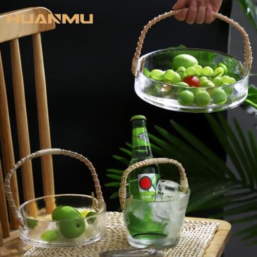 Glass Fruit Plate Living Room Household Candy Snack Plate Dried Fruit Plate Picnic Fruit Basket Rattan Handle Storage Basket