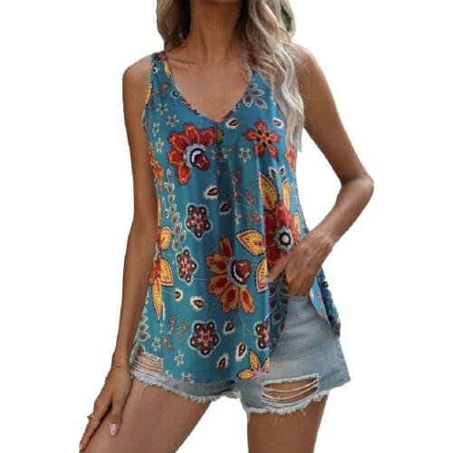 Print Loose Top Clothes Women V-neck Tanks Vest Female Casual Sleeveless Tops Floral Clothing Summer Mujer