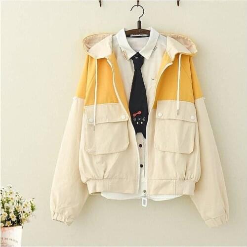 College Style Spring/Autumn Clothing Small Fresh Color Matching Hooded Jacket Student Girl Loose All-Match Jacket Korean Top