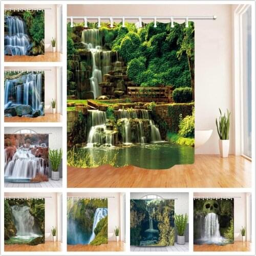 Waterfall Landscape Shower Curtains Natural Scenery Green Plant Tree Bathroom Set Waterproof Polyester Cloth Curtain With Hooks