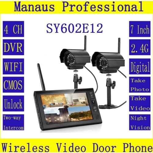 High Quality 7 inch TFT Digital Monitor 2.4G Wireless Video Door Phone 4CH DVR Security Kit With Two IR Night Light IP66 Cameras