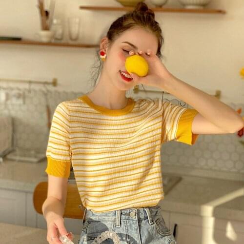 Korean Style Stripes T Shirts For Women Fashion Casual Round Neck Short Sleeve Top 2020 Summer New Slim Knitted T-shirt
