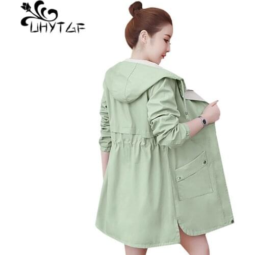 UHYTGF Genuine women Spring autumn trench coat for women elegant female hooded outerwear zipper slim Plus size windbreaker 917