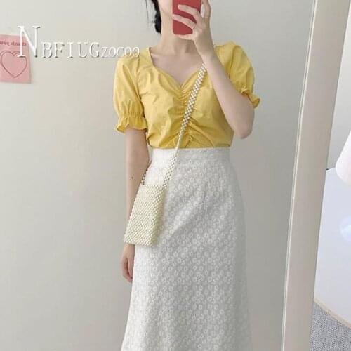 2020 Summer New Korean Fashion Women Sets Sweet Blouse And Chrysanthemum Skirt Female Sets