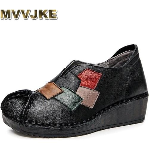 MVVJKE YourSeason Women Summer Autumn Genuine Leather Pumps 2020 Retro Round Toe Handmade Ladies Casual Stitching Wedges Shoes