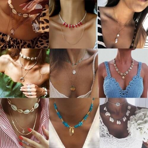 Tocona 2020 Bohemian Shell Pendant Necklace for Women Moon Flowers Bead Stone Chain Chocker Sea Conch Summer Jewelry Collar