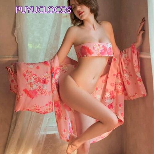 Women Sexy Exotic Lingeries Set Halloween Christmas Cosplay Nightdress G-string T-Back Haori Kimono Nightgowns Long Dress