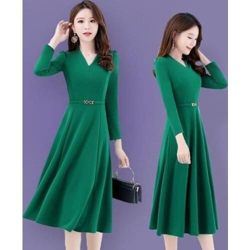 2021 Spring Autumn Korean Style Vintage Elegant Long Sleeve Dress Women V-neck Solid Color Party Long Dresses L-5XL Y934