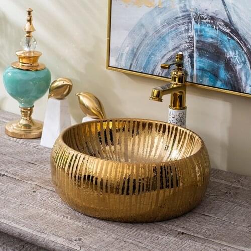 Gold Europe style chinese Jingdezhen Art Counter Top ceramic bathroom sink painted porcelain wash basin bathroom sink