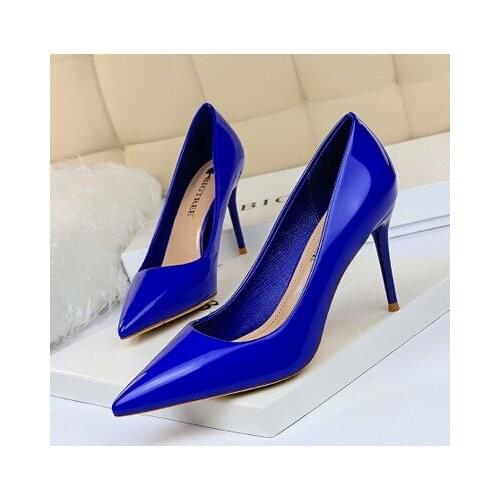2020 Blue Women Pumps High Heel 8.5CM Shallow Slip On Pointed Toe Ladies Single Office Shoes OL Stilettos Female Wedding Shoes