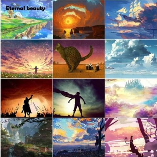 5D Diy Diamond Painting Animal and Landscape Art Cross Stitch Kit Giant Cat and Four Little Mice Full Diamond Embroidery Artwork