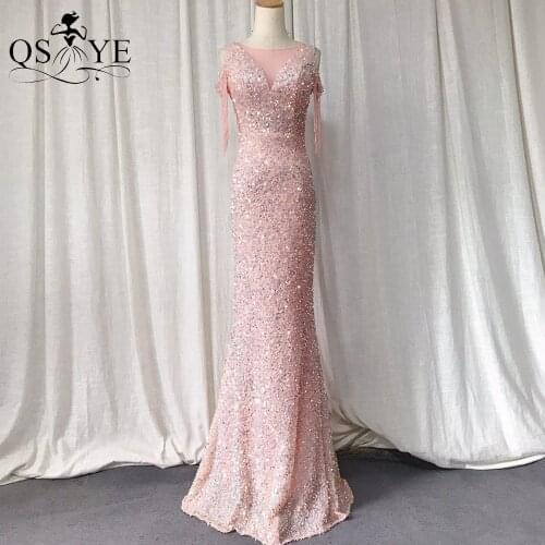 Sparkle Pink Evening Dresses Beading Side Sleeves Sequin Prom Gown Fit Glitter Party Dress Mermaid V Neck Women Formal Gown 2021