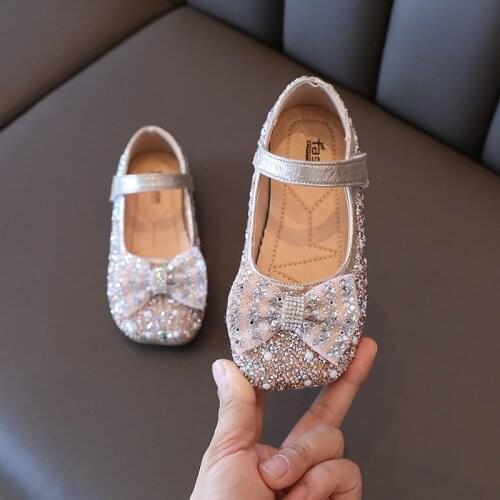 Children Crystal Bow-knot Sequined Flats 2021 Autumn New Girls Princess Shoes Leather Shoes Pearl Single Shoes Soft Sole 26-36