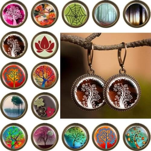 Tree of Life Vintage Color Earrings Fashion France Earrings for Women EarHook Earrings Life Tree Glass Cabochon Jewelry Gift