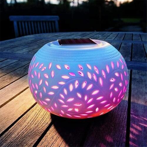 Solar Light Table Elegant Ceramic Lantern, LED Decorative Outdoor Lamp, 2 Function Soft White I Colour Changing RGB Filigree