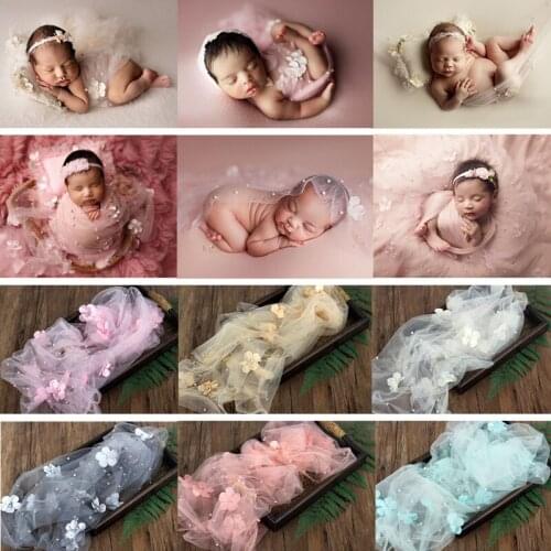 Newborn Photography Clothing Floral Pearl Wrap Mesh Backdrop Baby Girl Photo Props Accessories Studio Shoot Background Blanket