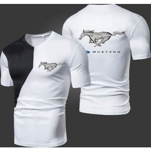 Summer New Mustang Mens T-Shirts Solid Color Splicing Casual Breathable Sports Slim Fitting Short Sleeve V-Neck Spotswear