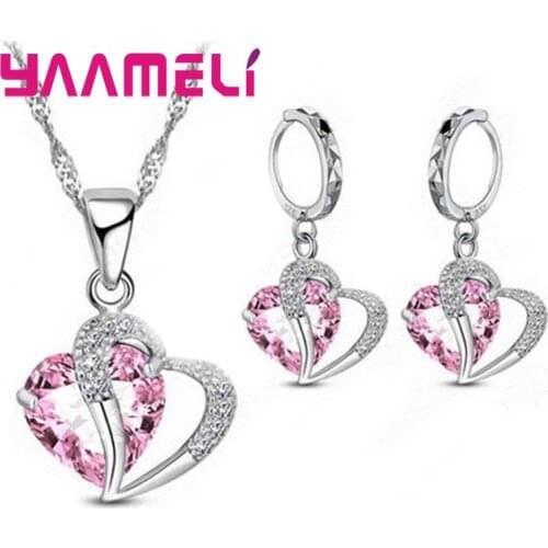 Romantic Wedding Anniversary Bridal Jewelry Set 925 Sterling Silver Heart Pendant Necklace Earrings Pave Shiny Cubic Zirconia