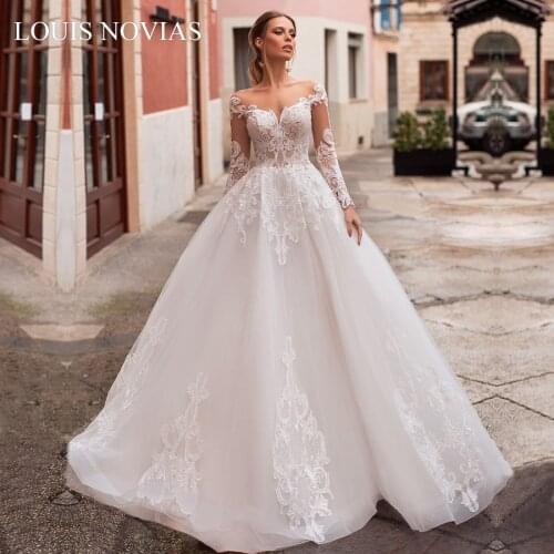 Louis Novias White Lace Applique Sexy V-neck Wedding Dress 2020 Princess Full Sleeve Wedding Button Elegant Luxury Dress