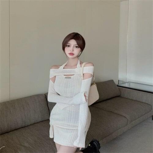 2021 Autumn New High Quality Ladies Trendy Short Hot Girl Strapless One-shoulder Sexy Shawl Vest Two-piece Sweater + Short Skirt