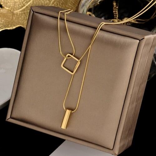 316L colorfast stainless steel necklace fashion hollow out square vertical bar pendant clavicle light luxury gift women jewelry