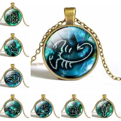 Secret 12 Constellation Symbol Round Time Gem Pendant Necklace Aries Taurus Aquarius Horoscope zodiac Gift For Friends 12PCS