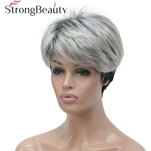 Strong Beauty Short Grey With Black Wig Two Tone Womens Wigs Side Swept Bangs Synthetic Hair
