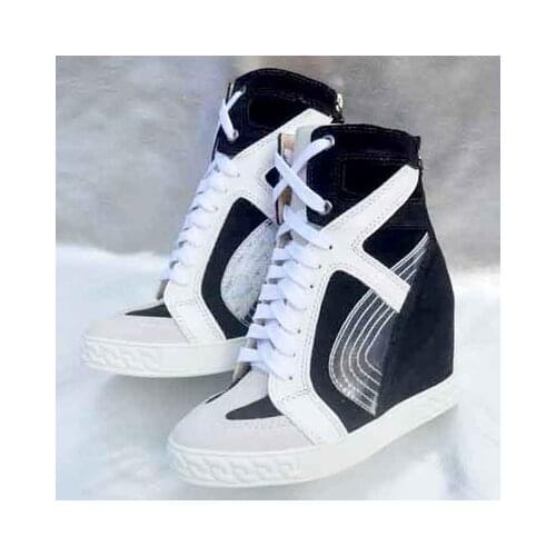 Hot High Top Mixed Colors Python Leather Patchwork Casual Shoes Women Height Increasing Chains Rubber Thick Sole Short Bottines