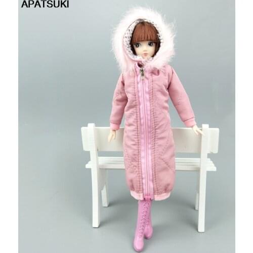 Pink Long Winter Coat Dress for Barbie Doll Clothes Parka For 1/6 BJD Doll Winter Wear Jacket 1:6 Dolls Accessories Kids Toy