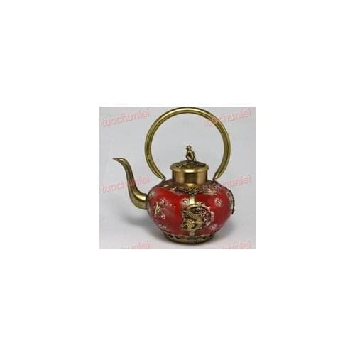 Handwork Tibet Carved Dragon Painting Flower Red Porcelain Teapot Tea Pot Garden Decoration 100% Tibetan silver BRASS