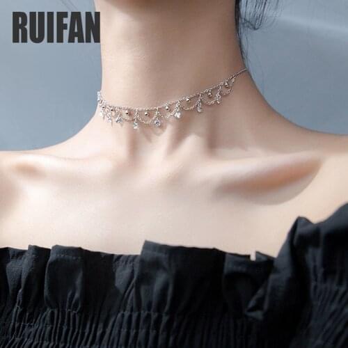 Ruifan Shining Rhinestone Crystal Tassel Choker Necklace for Women Female Korean Trendy Necklaces Jewelry Collar Colar YNC100