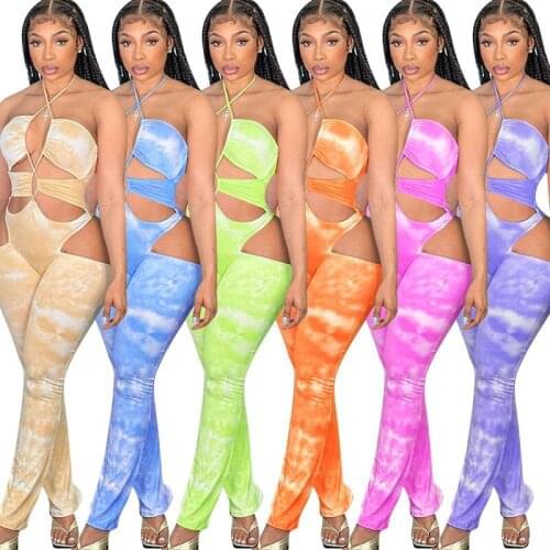 ZKYZWX Sexy Tie Dye Bodycon Jumpsuit for Women Summer Outfits Hollow Out Beachwear Off Shoulder One Piece Night Club Rompers