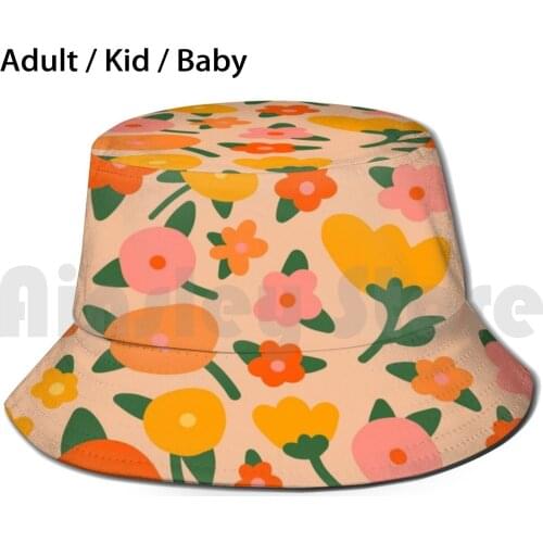 Pink And Orange Flower Print Sun Hat Foldable UV Protection Pink Orange Green Flowers Repeating Pattern