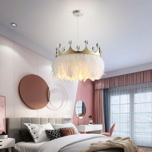 Crown crystal feather led chandelier bedroom princess room decoration INS feather lamp clothing store beauty salon chandelier
