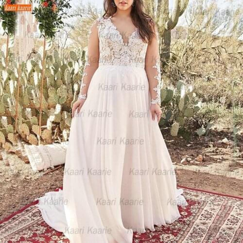 Boho Long Sleeves Wedding Gowns V Neck 2021 Ivory Robe De Mariée Rural Country Chiffon A Line Bride Dresses Women Hochzeitskleid