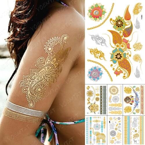 Waterproof Temporary Tattoo Sticker Metal Gold Silver Pink Blue Bracelet Henna Mandala Flash Tatoo Women Arm Body Art Fake Tatto