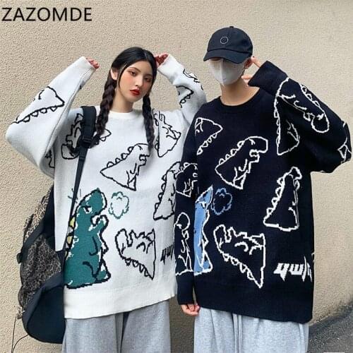 ZAZOMDE Harajuku Knitted Sweater Cartoon Dinosaur Pullover Male Hip Hop Loose Sweater Casual Pullover For Men Streetwear Couple