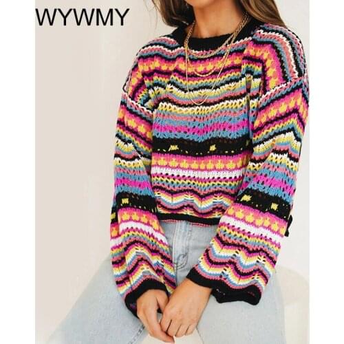 WYWMY Rainbow Striped Multi Color Blocked Knitted Pullover Women Summer Casual Hollow Out Sweater Cool Girls Fashion Jumper 2021