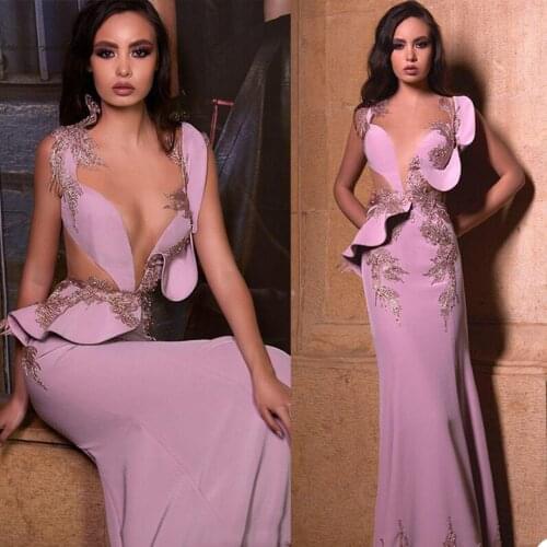 2021 Evening Gown Straight V-Neck Floor-Length Knitting Party Dresses With Applique