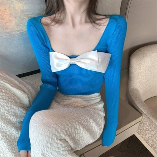 Women Knitted Shirt Bowknot Slim Square Neck Spring Autumn Knitwear Bodycon Solid Tops Ladies Base Shirt Coat Streetwear Shirts