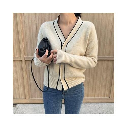 2021 Autumn Winter Korean Knitted Cardigans Sweaters Women Long Sleeve V-neck Single-breasted Color-blocked Pocket Tops Cardigan