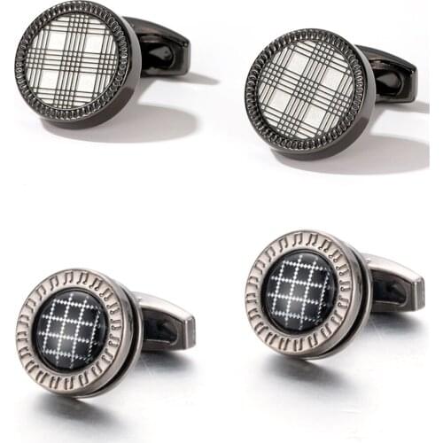 10pairs/lot Business Gunblack Round Cufflinks Vintage Grid Pattern Cuff Links Mens Jewelry Accessory Wholesale
